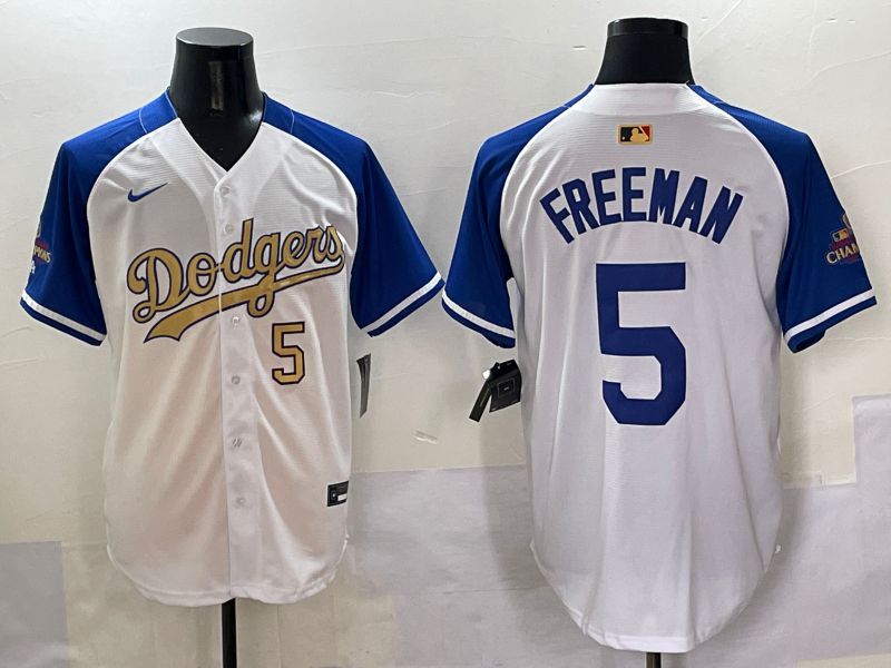 Men Los Angeles Dodgers #5 Freeman White Blue Champion gold character Nike 2025 MLB Jersey style 5052->los angeles dodgers->MLB Jersey